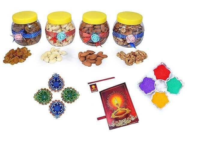 MANTOUSS Premium Diwali Dry Fruit Decorative Jar-Cashew,Almond,Walnut and Raisin (100gms Each),400 GMS + 2 earthern Diya, Diwali Greeting Card and Rangoli Colours - HalfPe