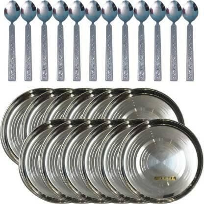 SHINI LIFESTYLE Steel Plate / khumcha thali/ dinner plates 12pcs with spoons 12pcs (set of 24) - HalfPe