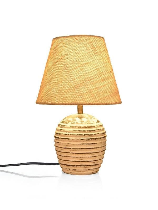 Striped Wooden White Lamp With White Jute Shade - HalfPe