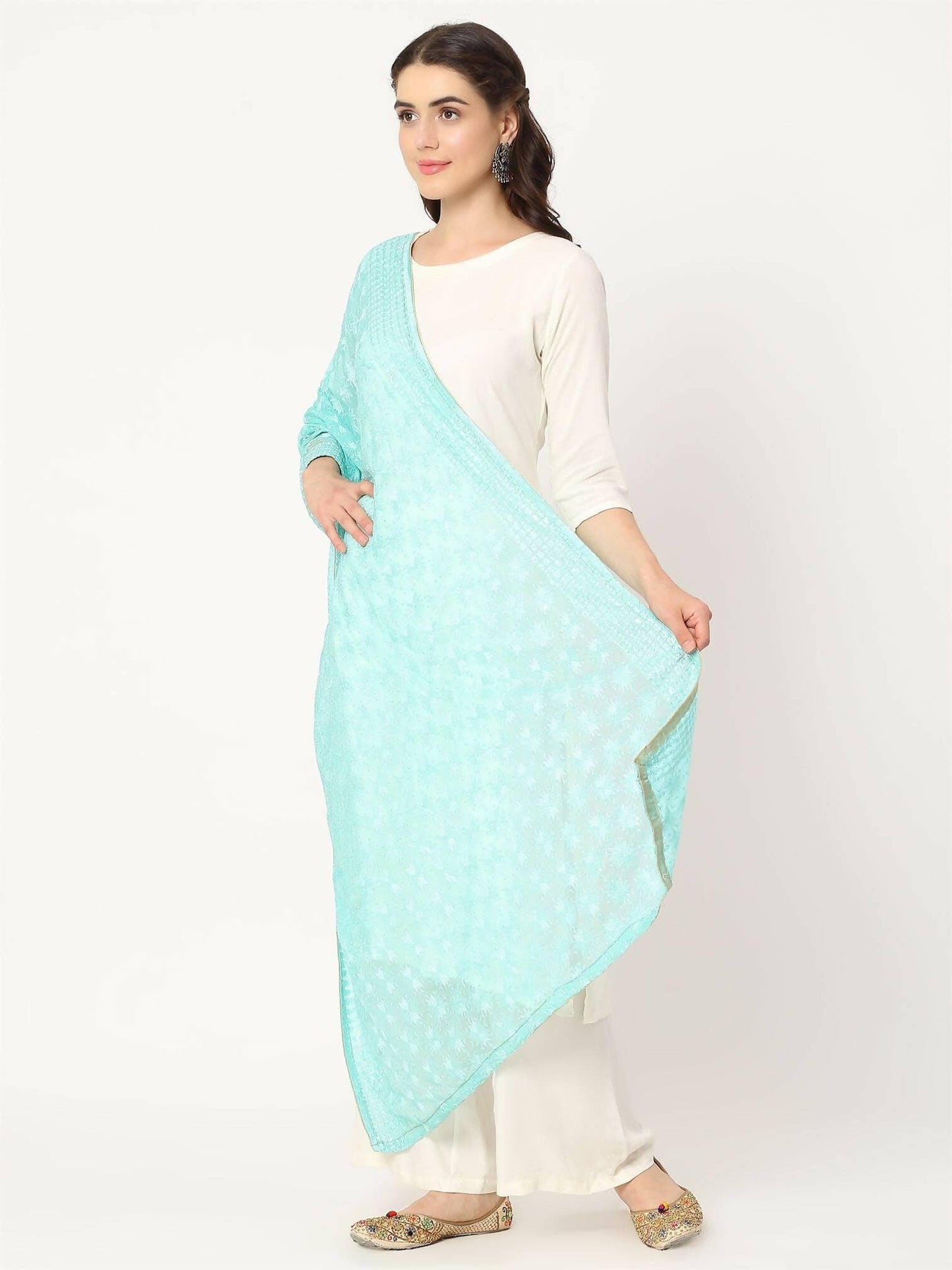 Sea Green Sequined Phulkari Embroidery Dupatta - HalfPe