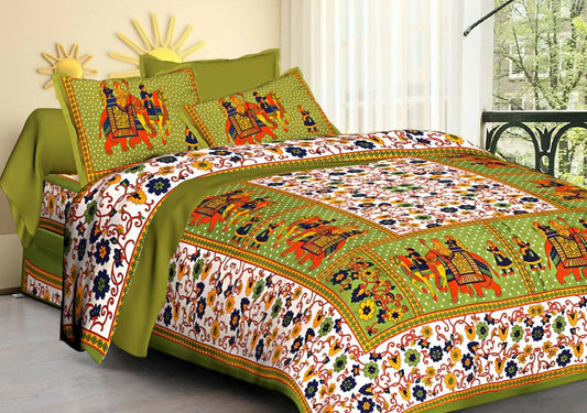 Jaipuri traditional Indian Printed Design queen size cotton bedsheet with two pillow cover (Light Green) - HalfPe