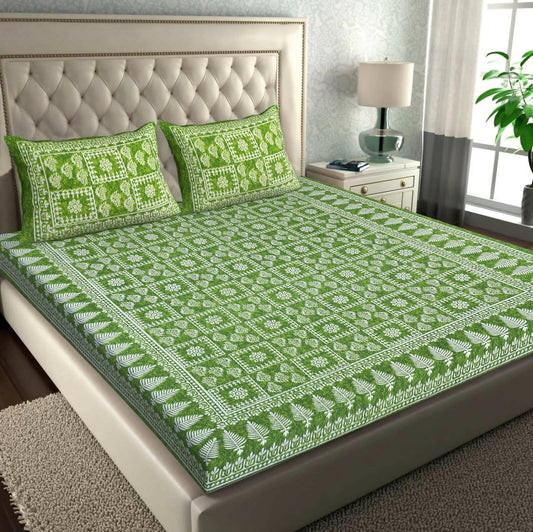 Jaipuri Traditional Cotton Double Bed Sheet with 2 Pillow Covers (Bedsheet for Double Bed Cotton, Green) - HalfPe