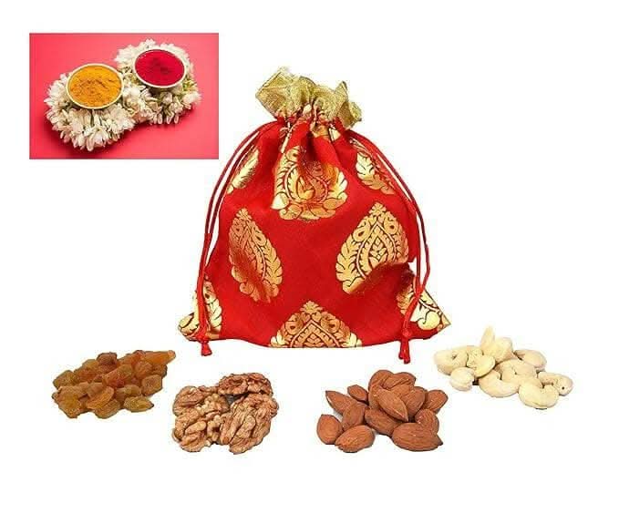 MANTOUSS Pongal/Makar Sankranti Dry Fruit Red Exclusive Potli-Cashew,Almond,Walnut and Raisin (50gms Each) 200gms + Haldi Kumkum - HalfPe