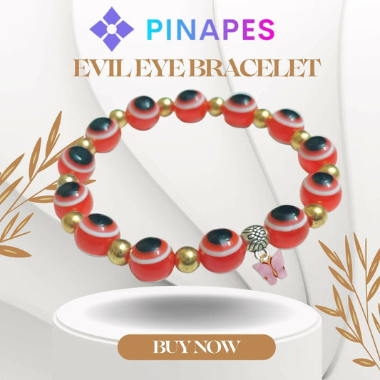 Pinapes Butterfly Beads and Evil Eye Charm Bracelet A Must-Have for Fashionable and Superstitious Women with pink butterfly (Red) - HalfPe