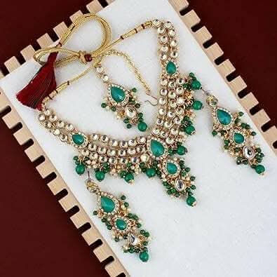 LUCKY JEWELLERY Gold Plated White Light Green Color Tika Earring Necklace Combo Kundan Jewellery Set - HalfPe