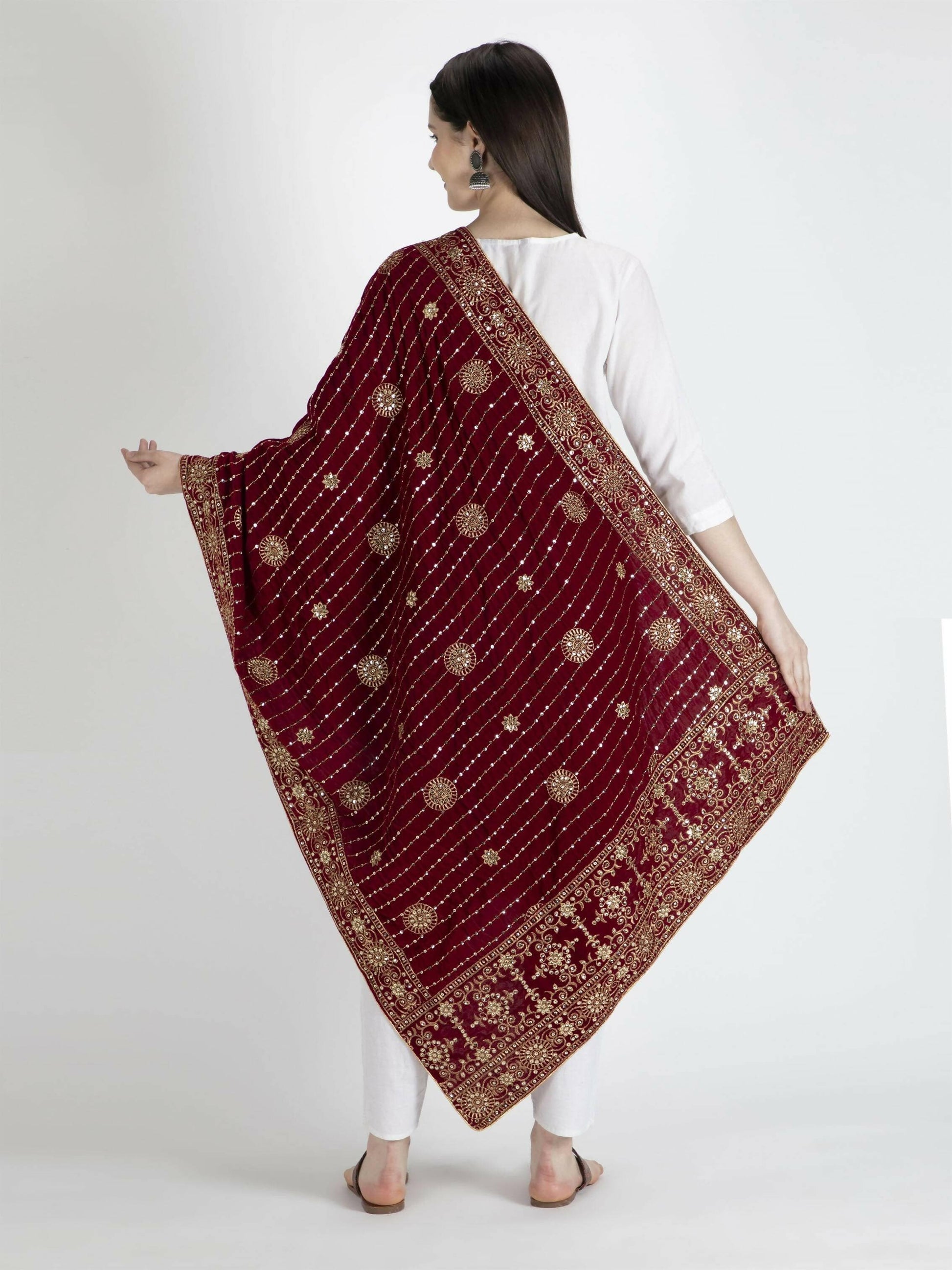 Embroidered Velvet Shawl Dupatta (Maroon) - HalfPe