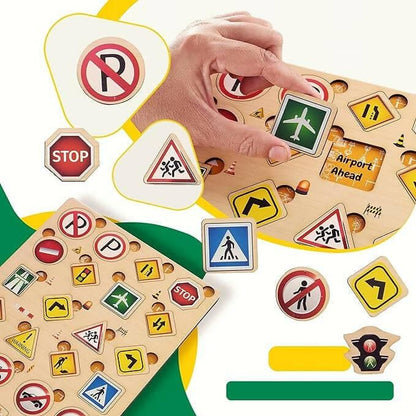 ZUDO Wooden Montessori Educational Pre-School Puzzle Board Toy for Boys and Girls (Traffic Symbol) - HalfPe