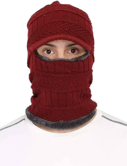 Red unisex acrylic woolen balaclava, beanie/skull cap & muffler for winters with faux fur lining - HalfPe