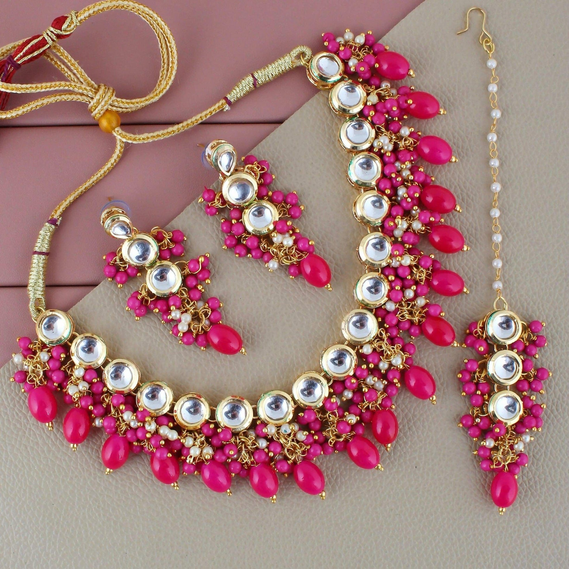 LUCKY JEWELLERY Back Meenakari 18k Gold Plated Magenta Color Tika Earring Combo Uncut Big Faux Kundan Choker Necklace set - HalfPe