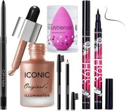 Crynn Rosedale Pro Kajal & Iconic Shine Illuminator Highlighter & Glazed Glam Black Eyebrow Pencil & Beauty Blender Sponge Puff (Pack of 5 Items ) - HalfPe