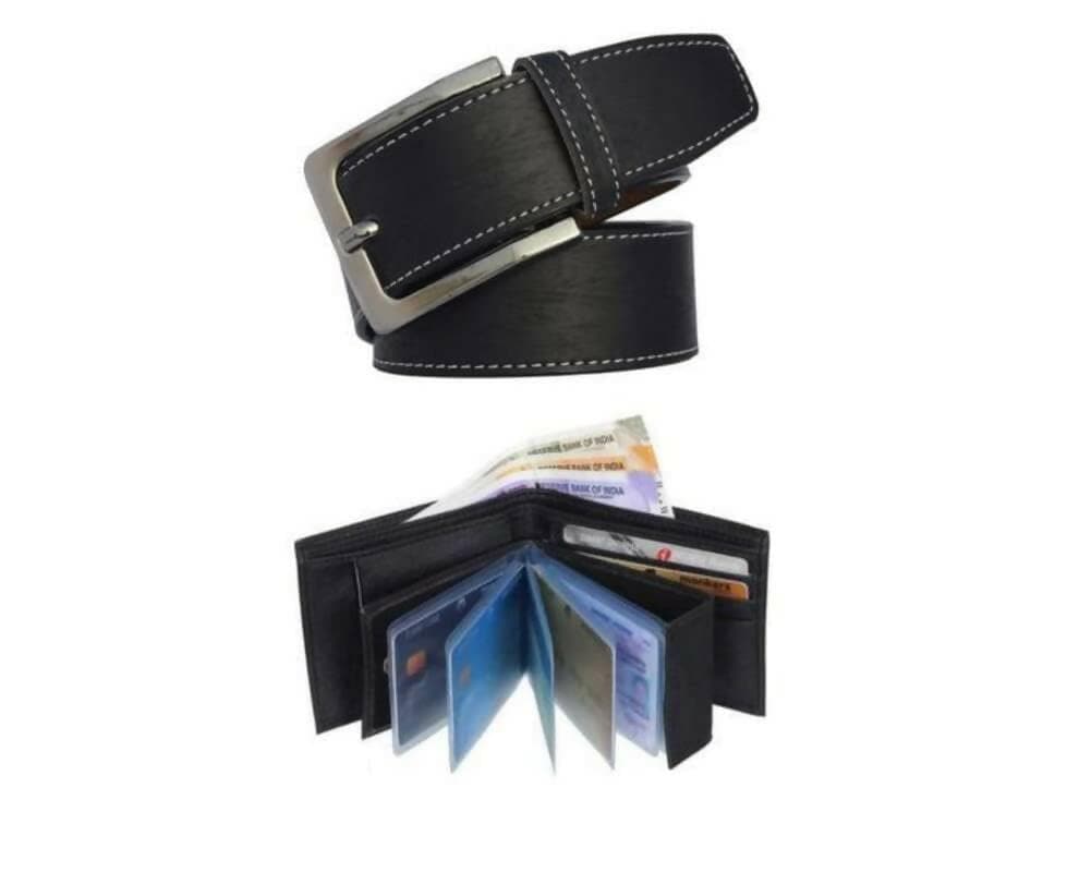 Men's Artificial Leather Belt And Wallet Combo (Black) - HalfPe