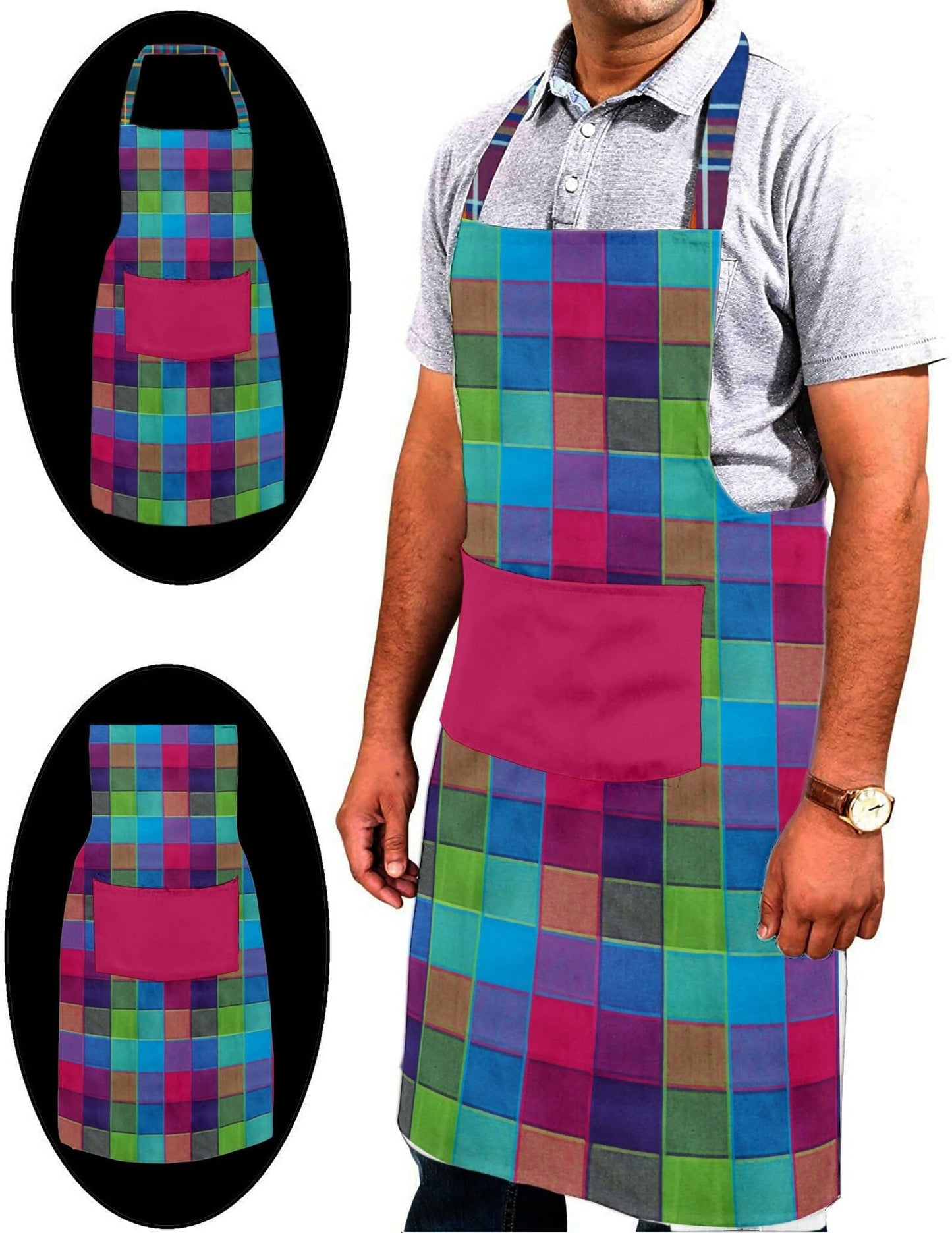 Lushomes Apron for Women, Multi Checks Kitchen Apron for Men, Cooking Apron, apron for kitchen, kitchen dress for cooking, Adjustable Buckle and Solid Pocket, Size 60x80 cms, Pkof1 - HalfPe