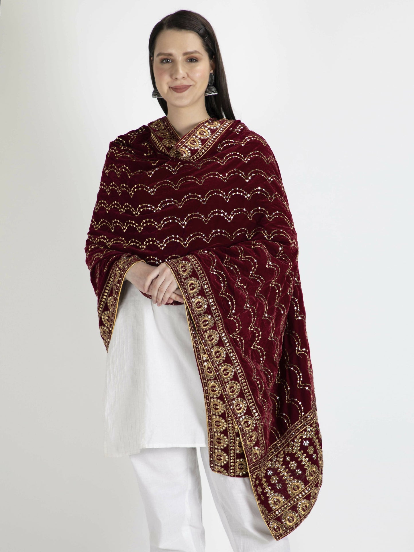 Marron Embroidered Dupatta For Women - HalfPe