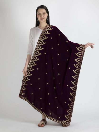 Embroidered Velvet Shawl Dupatta(Purple) - HalfPe