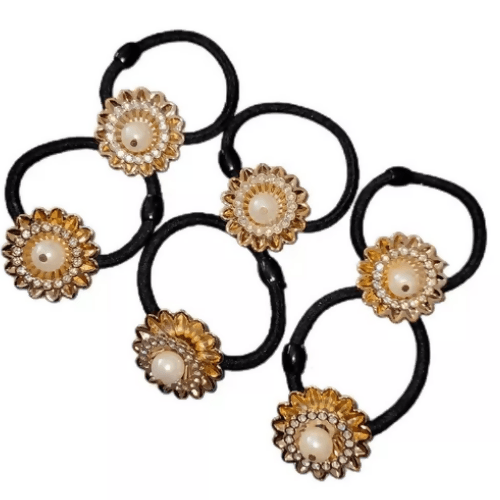 SENECIO 6Pc Black Lotus Lily Bloom Flower Beaded Crystal Rhinestone Studded Rubber Band Hair Tie Scrunchies - HalfPe