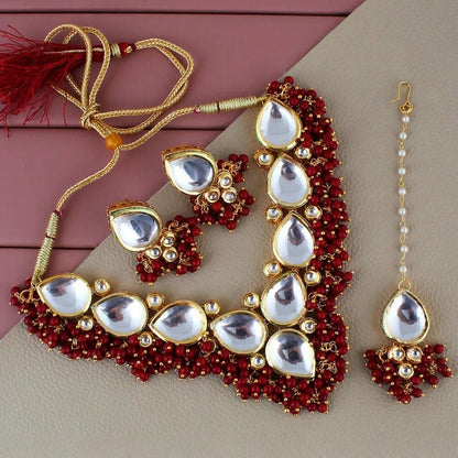 LUCKY JEWELLERY Back Meenakari 18k Gold Plated Maroon Color Tika Earring Combo Uncut Big Faux Kundan Choker Necklace set - HalfPe