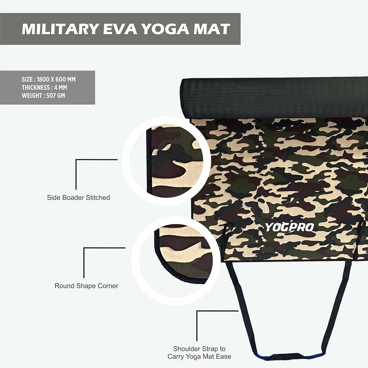 YOGPRO Camouflage Printed fabric Anti-Slip Eva Exercise Yoga Mat with Border Piping and In-built Strap, 4mm - HalfPe