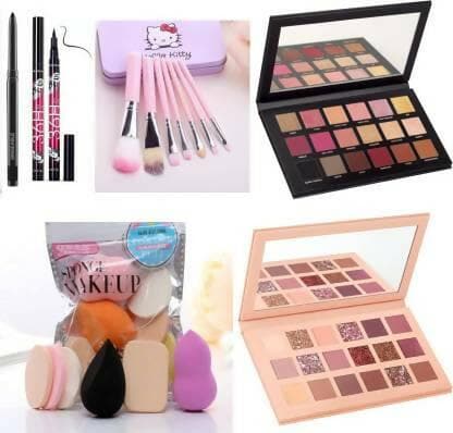 Bingeable HDA Nude Eye Shadow Palette and Rose Gold Eyeshadow Palette& 7 Pcs Brush Set& Black Kajal& 36H Eyeliner& Family Puff Set (6 Items in the set) - HalfPe