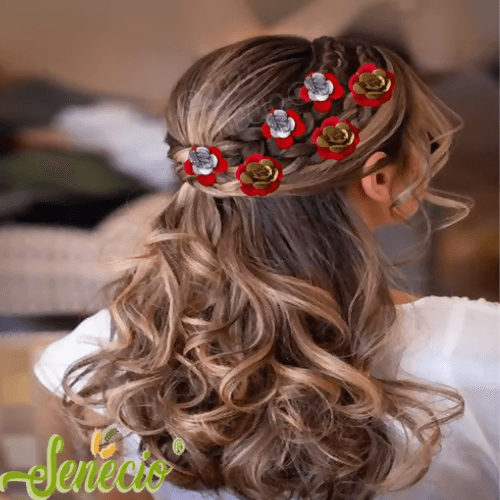 SENECIO 12Pc Red & Silver Glitter Fabric Rose Bridal Look U Shape Golden Hair Pin Wedding Collection Combo Set - HalfPe