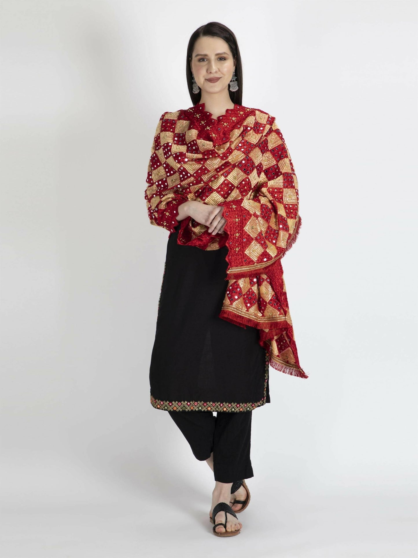 Phulkari Dupatta with Mirror Work (red) - HalfPe