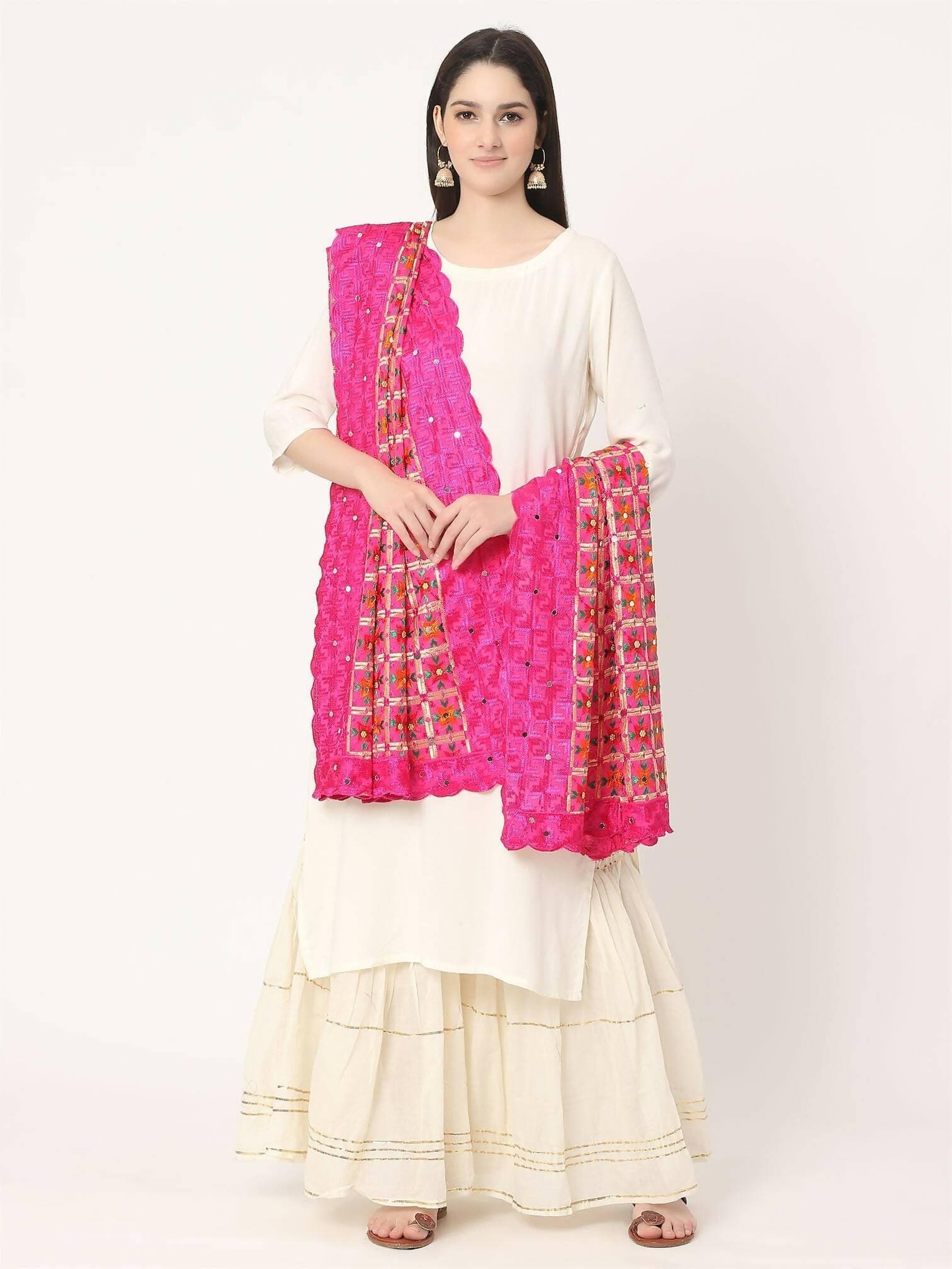 Magenta Multicolour Phulkari Embroidery Dupatta - HalfPe