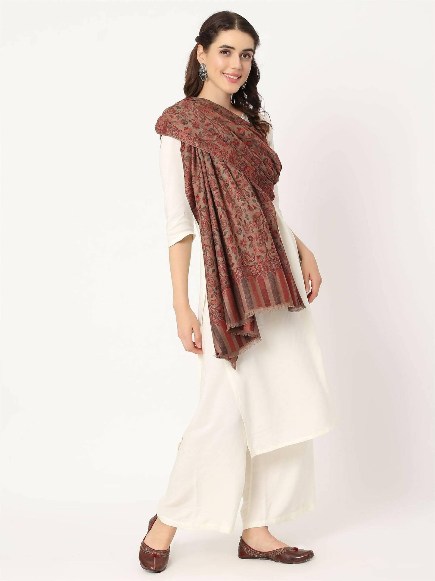 Light Brown Fine Wool Kani Shawl for women - HalfPe