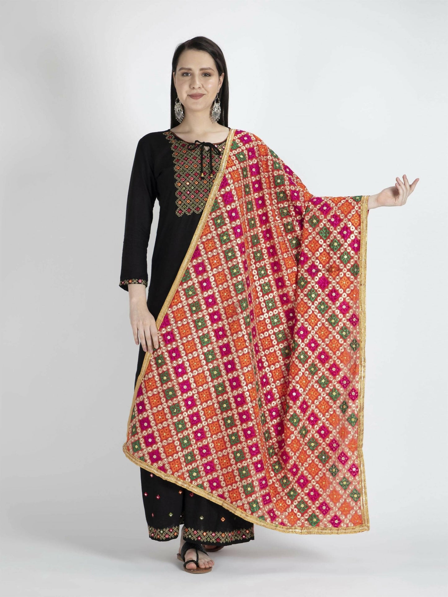 Phulkari with gold Lace and mirror work (multi-color) - HalfPe