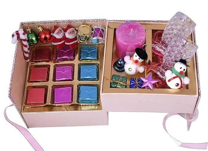 MANTOUSS Christmas Double Decker Chocolate Gift Box/ Christmas Chocolate Gift Hamper/Basket+ 2 Shot Glasses + 1 scenetd Candle + Christmas Card + Christmas Tree Decoration Set + Santa Cap - HalfPe