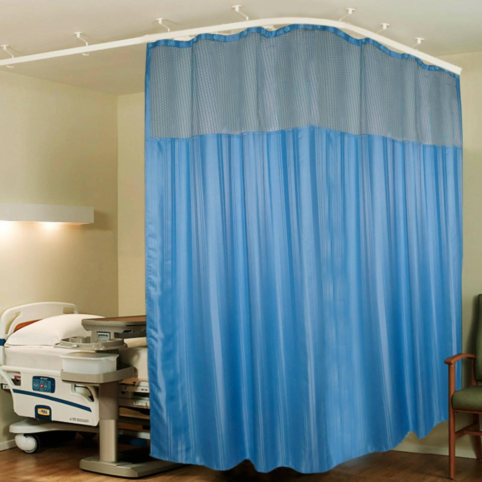 Hospital Partition Curtains, Clinic Curtains Size 15 FT W x 7 ft H, Channel Curtains with Net Fabric, 100% polyester 30 Rustfree Metal Eyelets 30 Plastic Hook, Dark Blue, Stripes (15x7 FT) - HalfPe