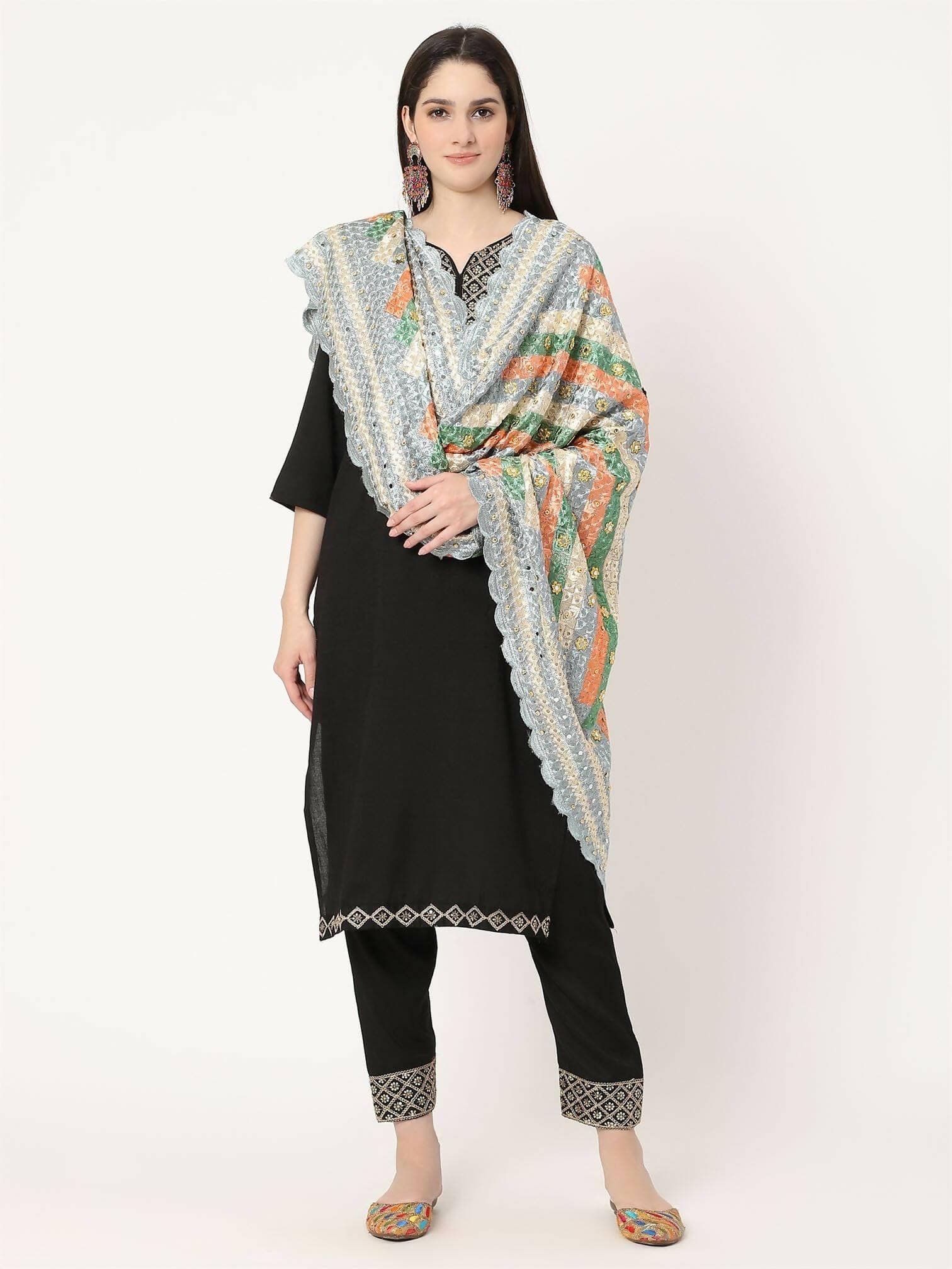 Grey Multicolour Embroidery Phulkari Dupatta with Beads - HalfPe