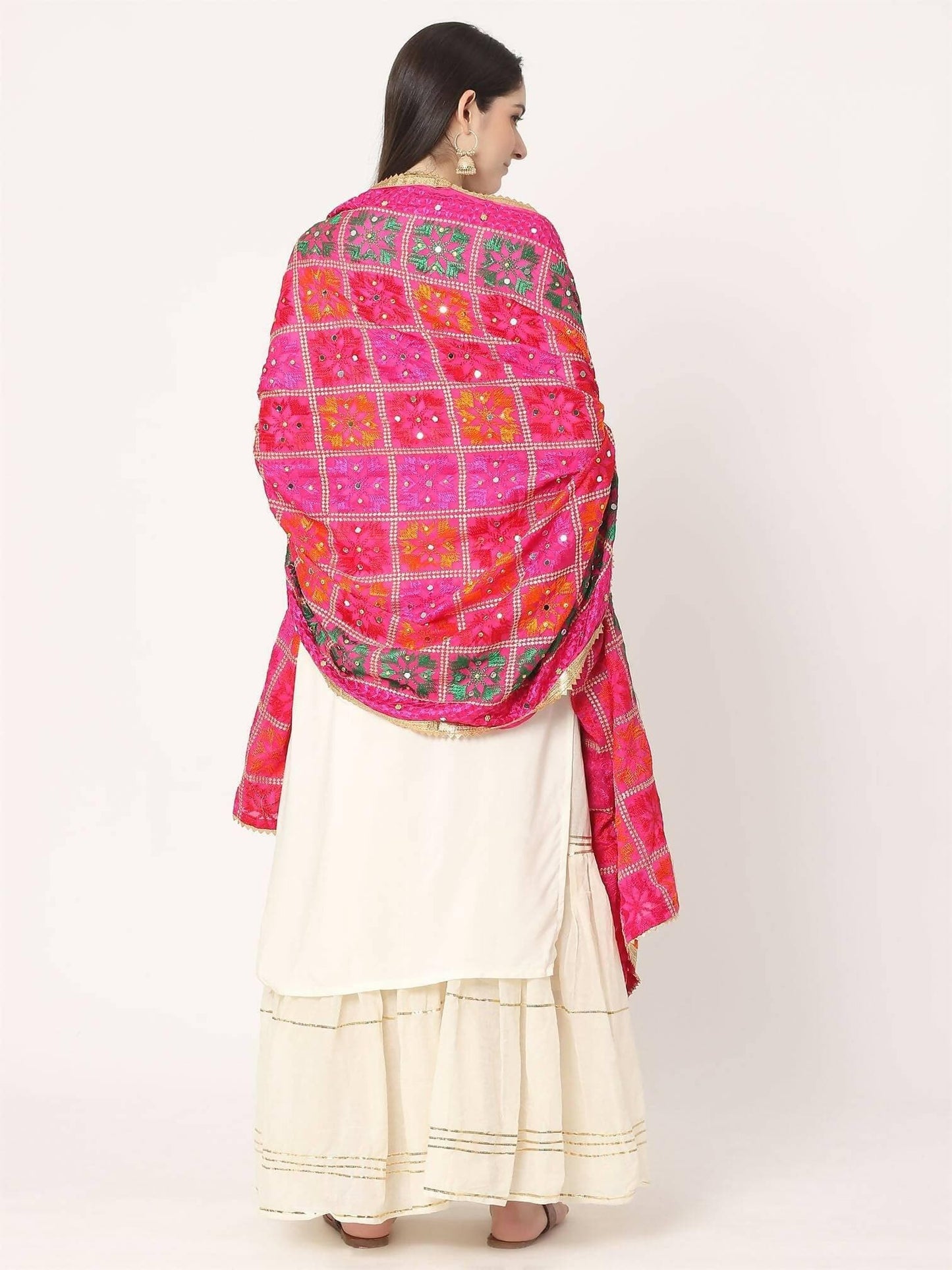 Magenta Phulkari Dupatta with Mirror Work ( Multicolour Embroidery) - HalfPe