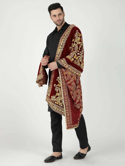 Moda Chales Men's Velvet Shawl (Maroon) - HalfPe