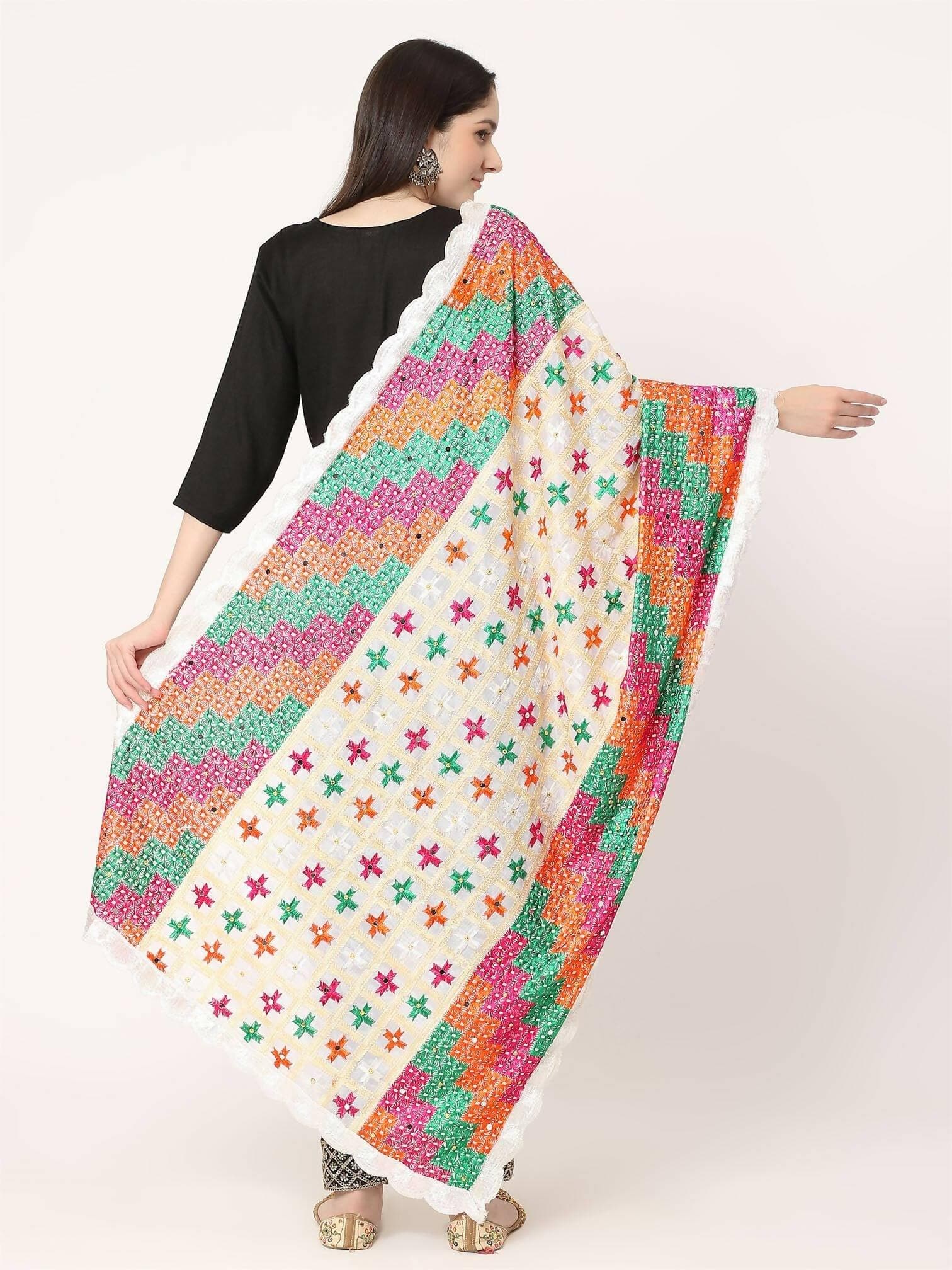 White Multicolour Check Design Embroidery Phulkari Dupatta - HalfPe