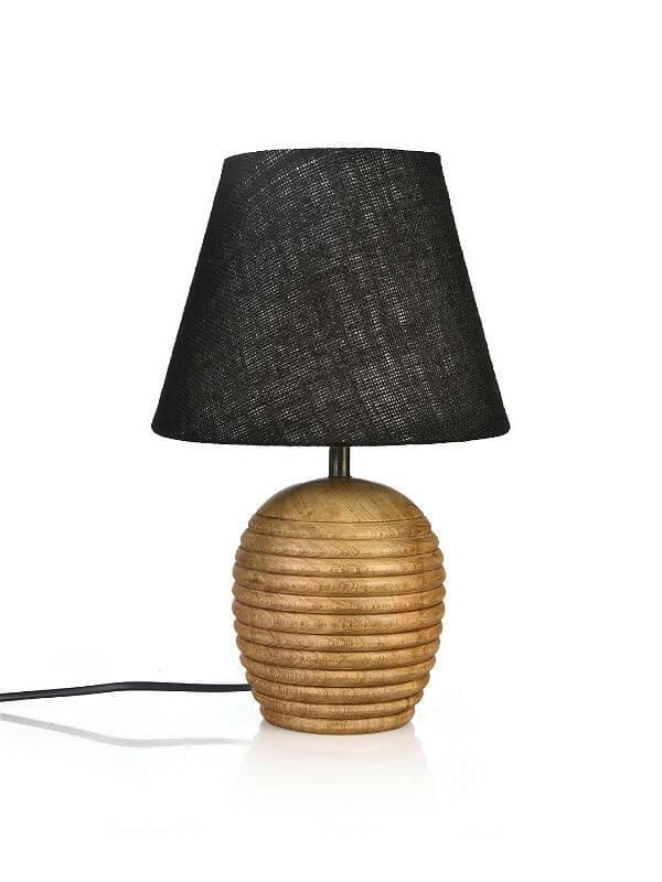 Striped Wooden Brown Lamp With Black Jute Shade - HalfPe