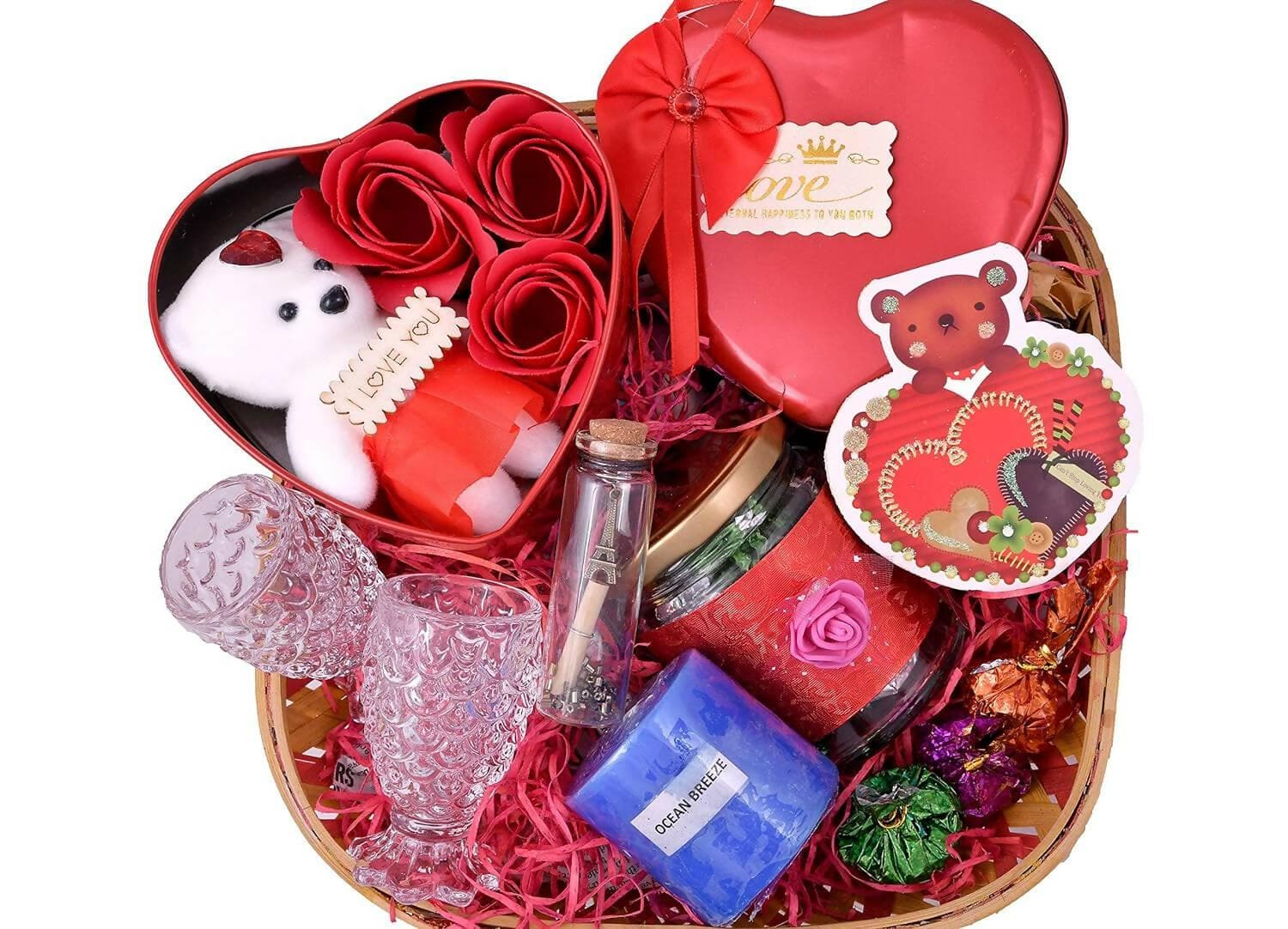 MANTOUSS Valentines Day gift for girlfriend/boyfriend/Valentines Day gift hamper-Jar of 8pcs dark chocolate+2shot glasses+scented candle+card+Message bottle+3pc rose and Teddy bear in heart shaped box - HalfPe