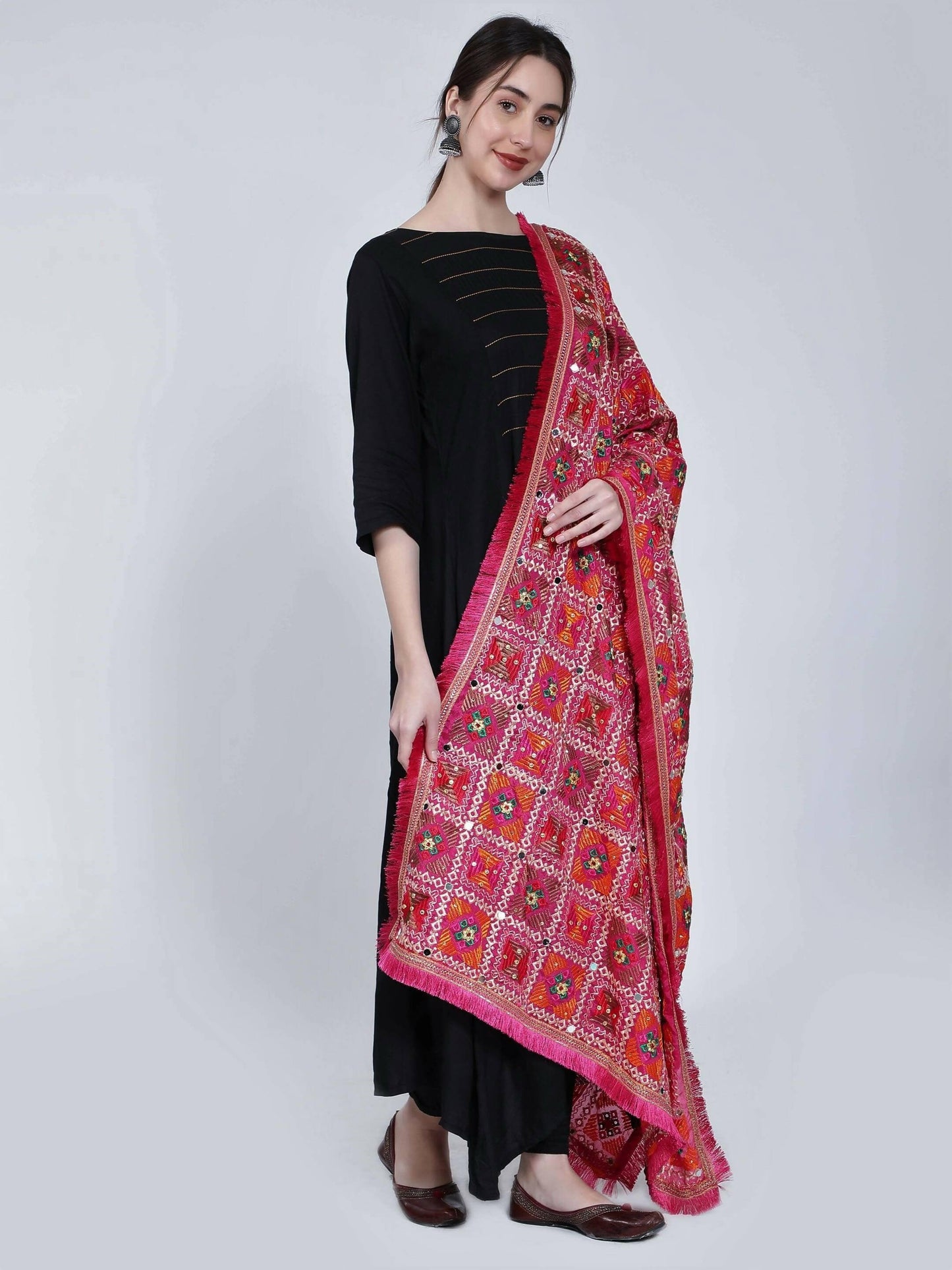 Phulkari Dupatta - Magenta Green Orange with mirror work (multi-color design) - HalfPe