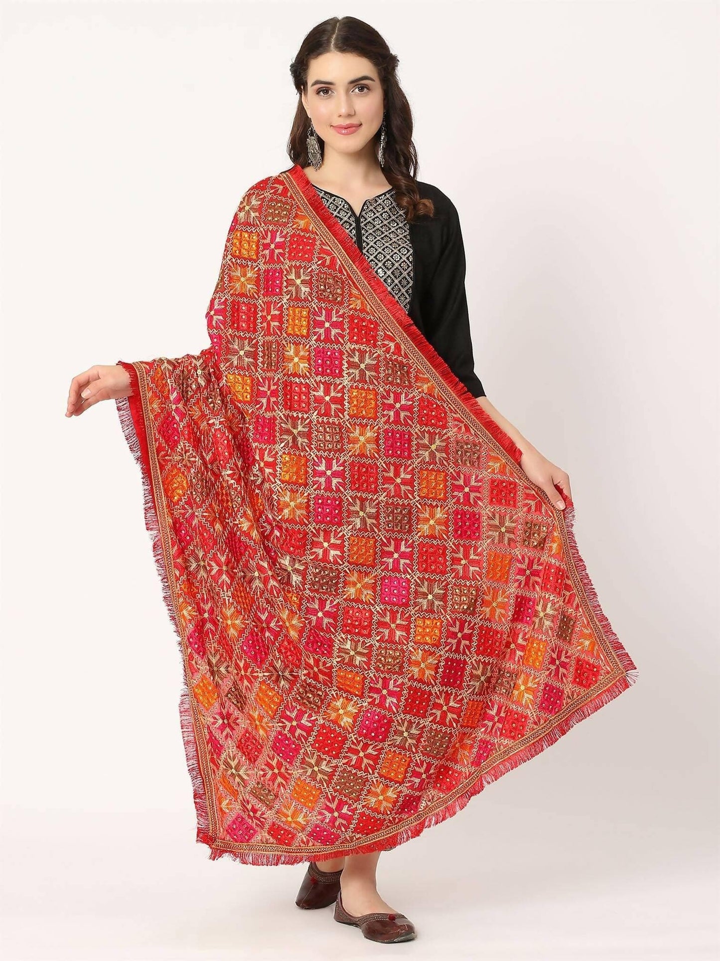 Red Multicolour Embroidery Phulkari Dupatta with Beads - HalfPe