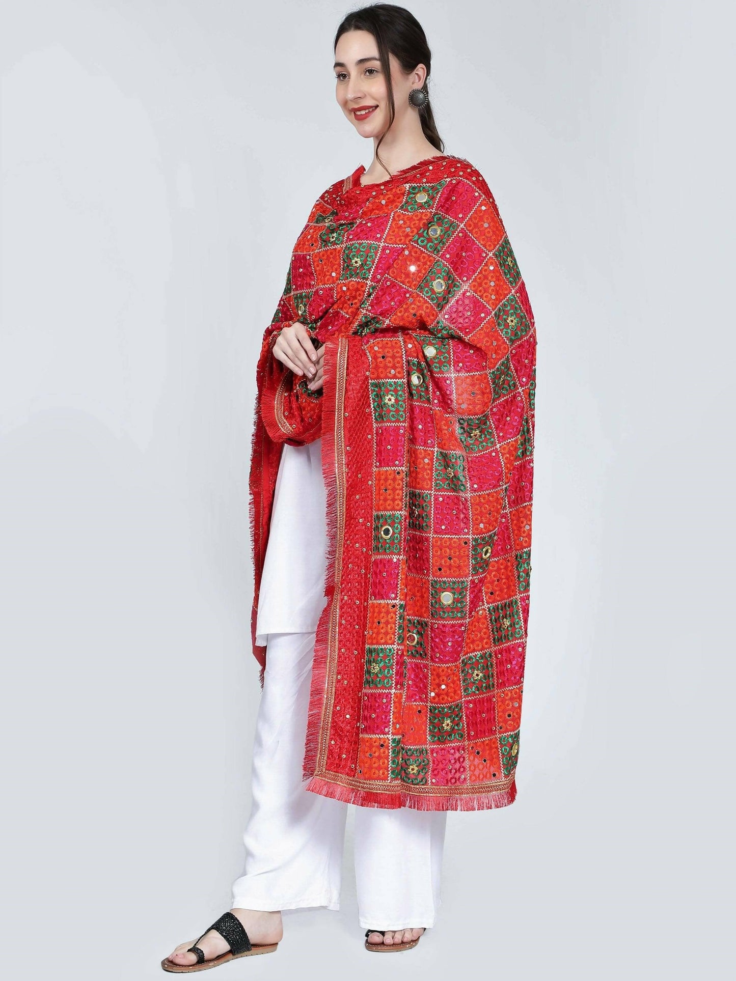 Multicolour Phulkari Dupatta with mirror work (Magenta Green Orange) - HalfPe