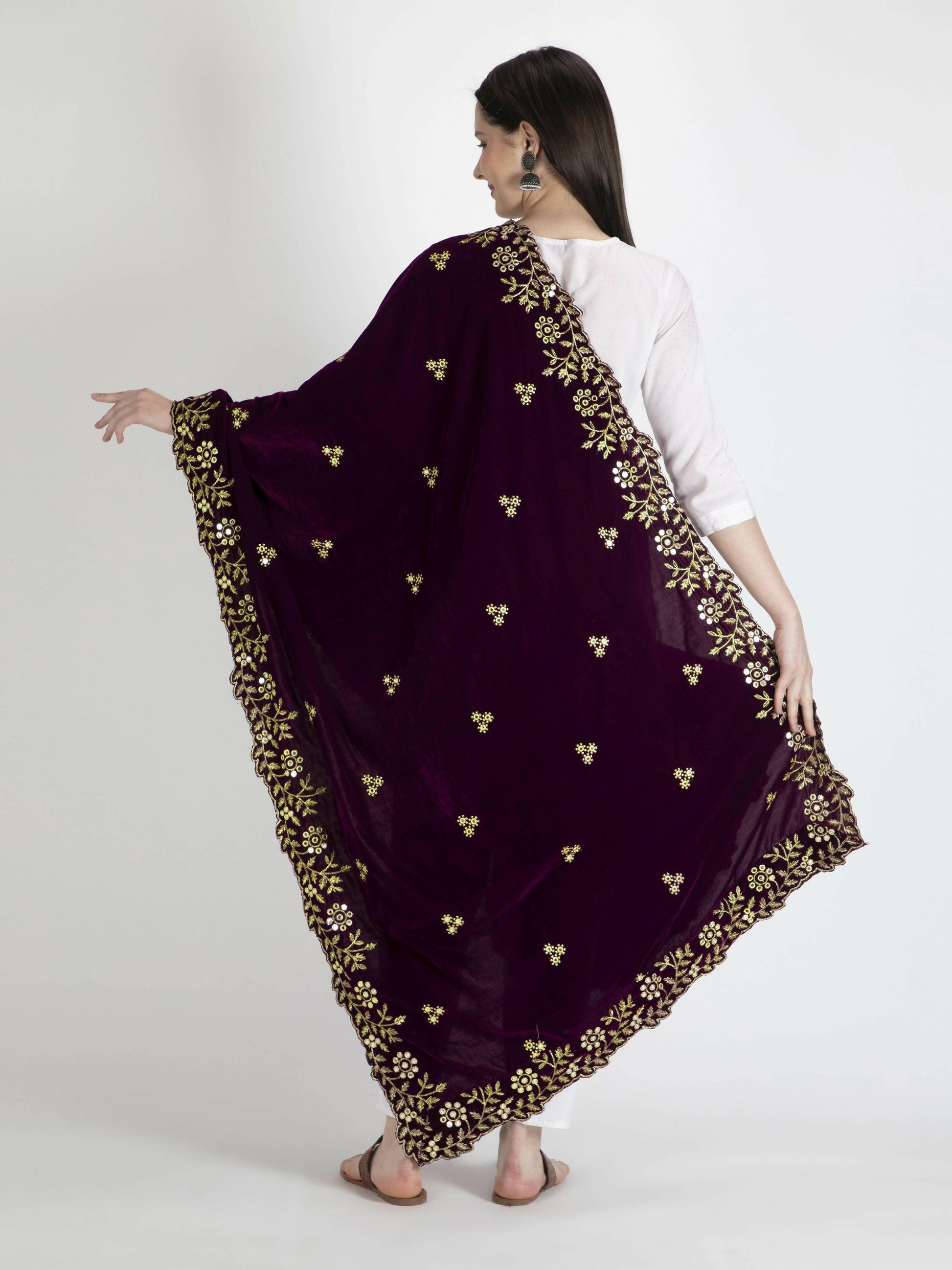 Brown Embroidered Velvet Shawl Dupatta For Women - HalfPe