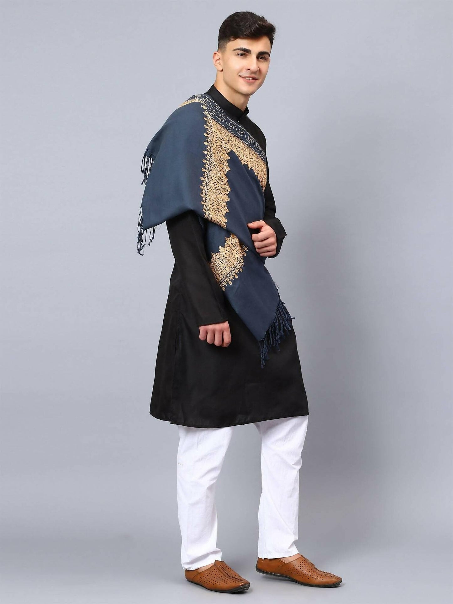 Grey Brown Embroidered Stole - HalfPe