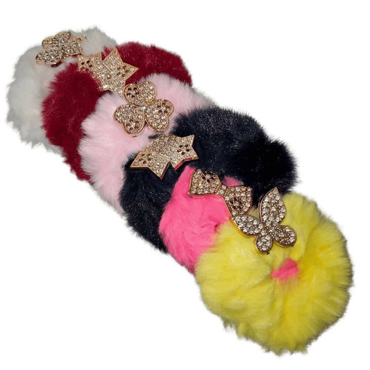 SENECIO Set Multi Shape Crystal Studded Fluffy Fur Soft Multicolor Rubber Band Hair Tie Scrunchies( 6Pc) - HalfPe