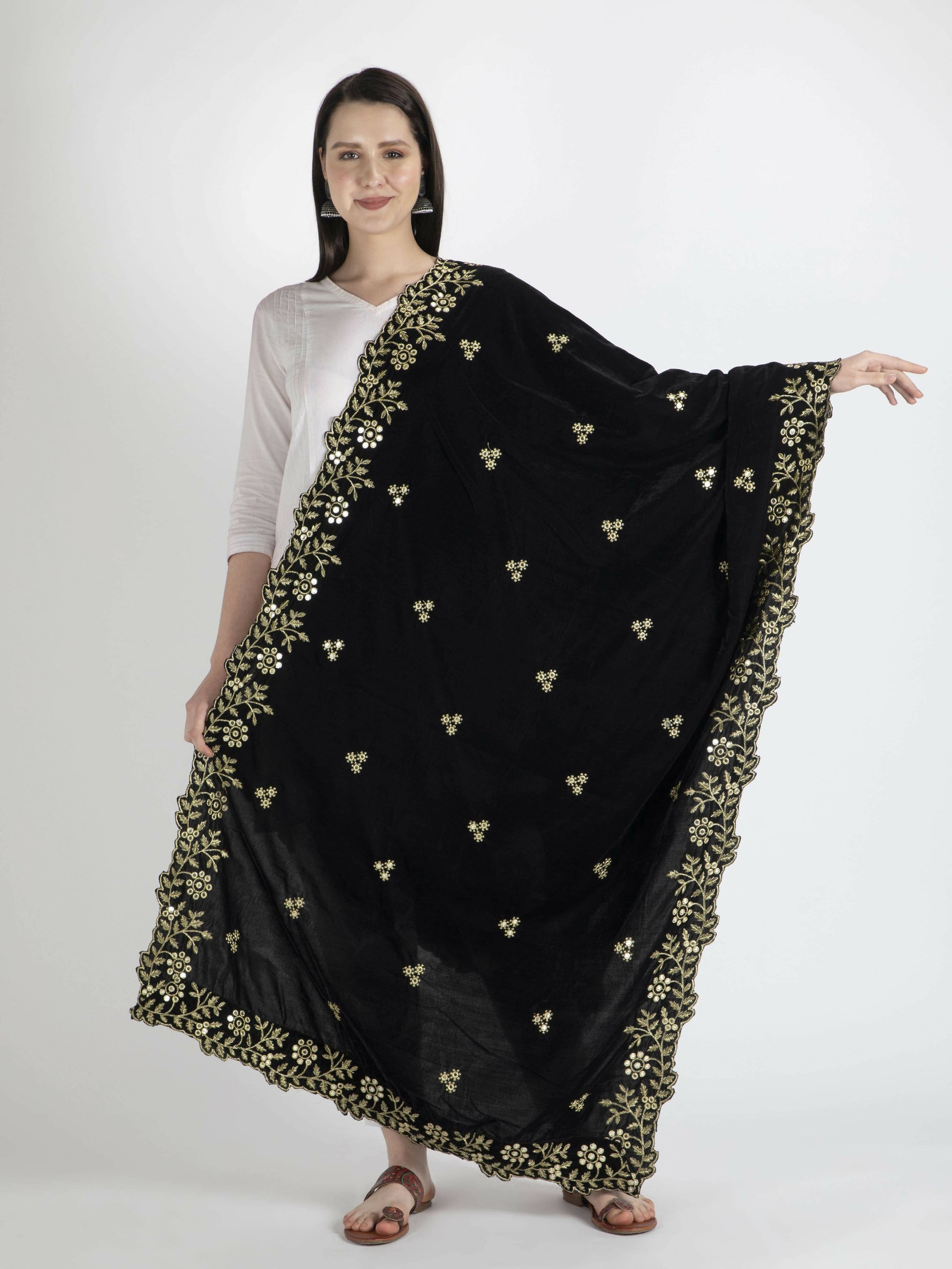 Black Embroidered Shawl Dupatta (Velvet) - HalfPe