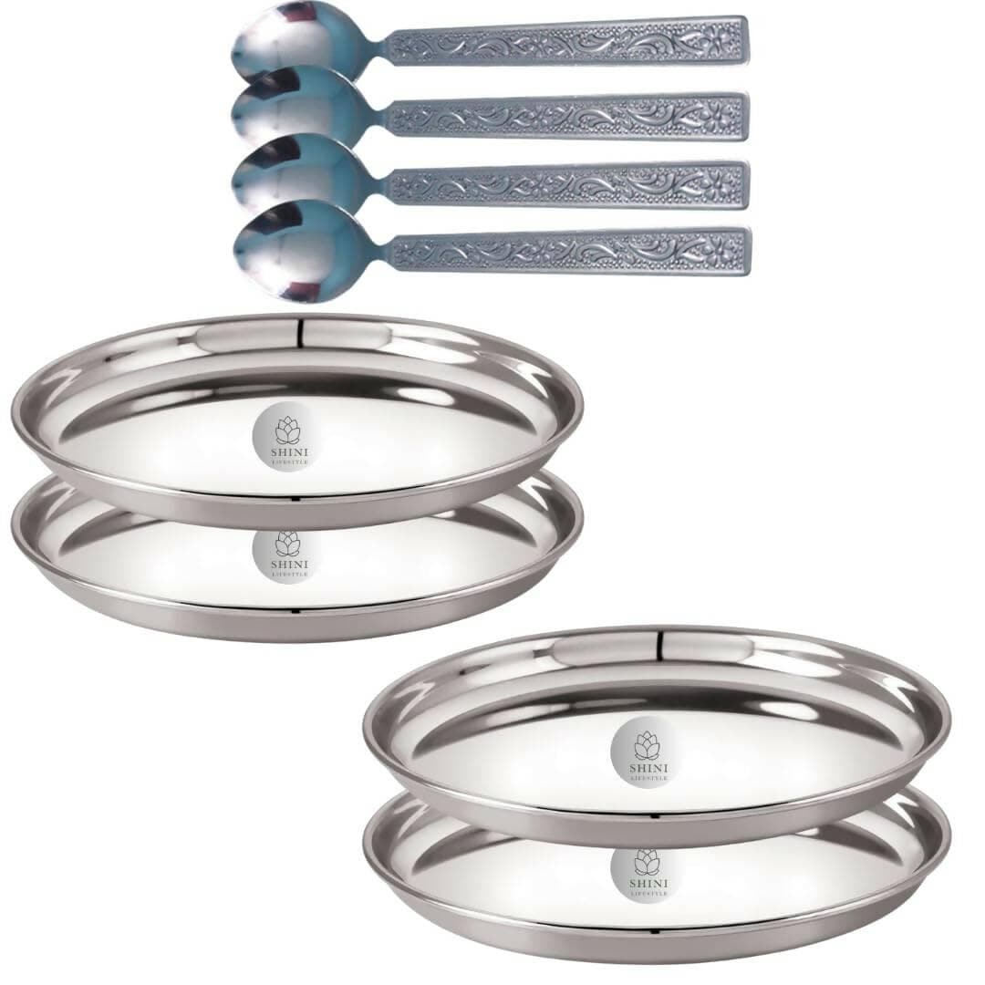 Stainless Steel Thali Set of /Dinner Heavy Weight Quality Round Plates with Table Spoon Set (8) - HalfPe