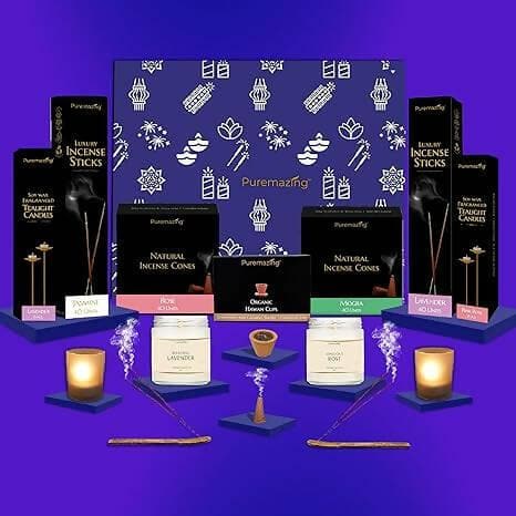 Puremazing by Imvelo Floral Box Combo | 2 Tealight Candle, 2 Jar Candle, 2 Incense Sticks, 2 Incense Cones & 6 Sambrani Cups - HalfPe