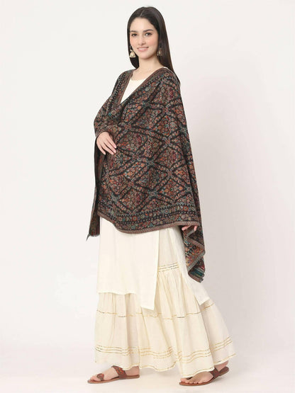 Black Wool Soft Multiweave Kani Stole for women - HalfPe