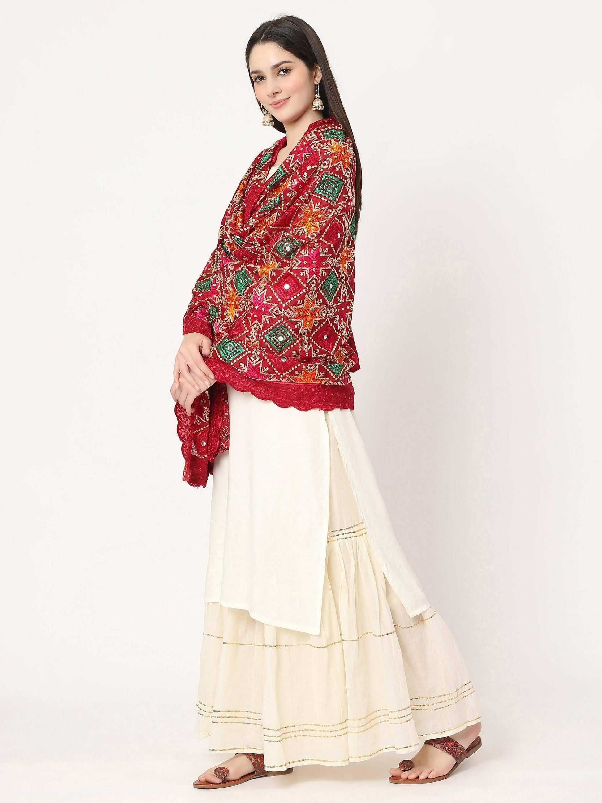 Maroon Multicolour Embroidery Phulkari Dupatta with Mirror Work - HalfPe