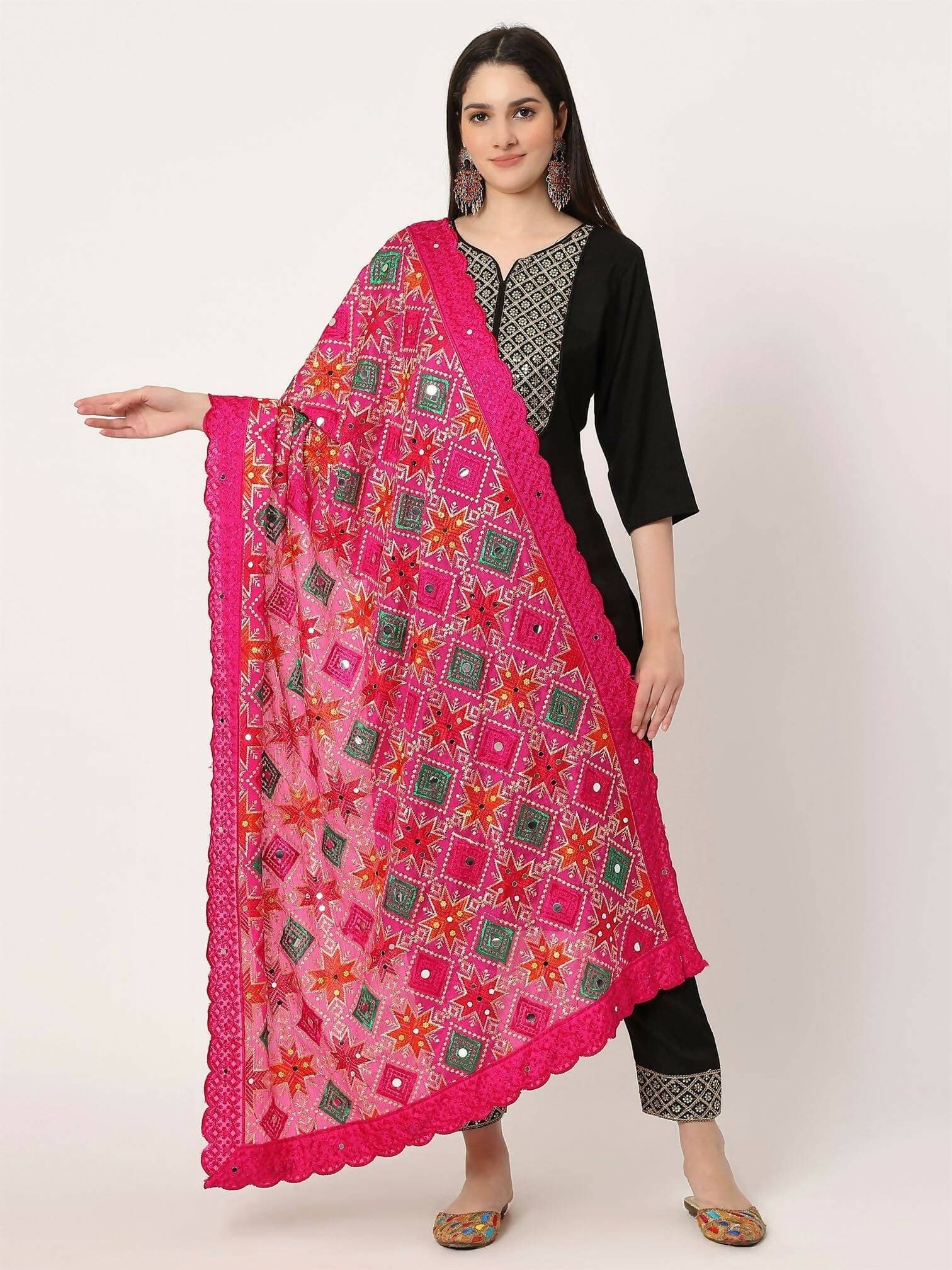 Magenta Multicolour Embroidery Phulkari Dupatta with Mirror Work - HalfPe