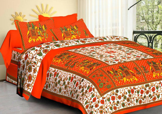 Jaipuri traditional Indian Printed Design queen size cotton bedsheet with two pillow cover (Orange) - HalfPe