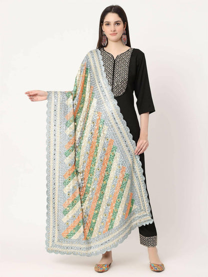 Grey Multicolour Embroidery Phulkari Dupatta with Beads - HalfPe