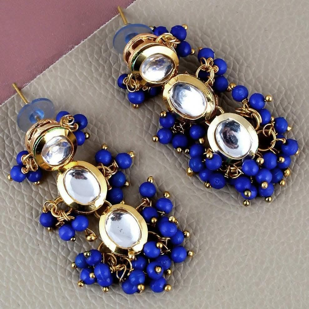 LUCKY JEWELLERY Back Meenakari 18k Gold Plated Blue Color Tika Earring Combo Uncut Big Faux Kundan Choker Necklace set (796-J5SK-1811-B) - HalfPe